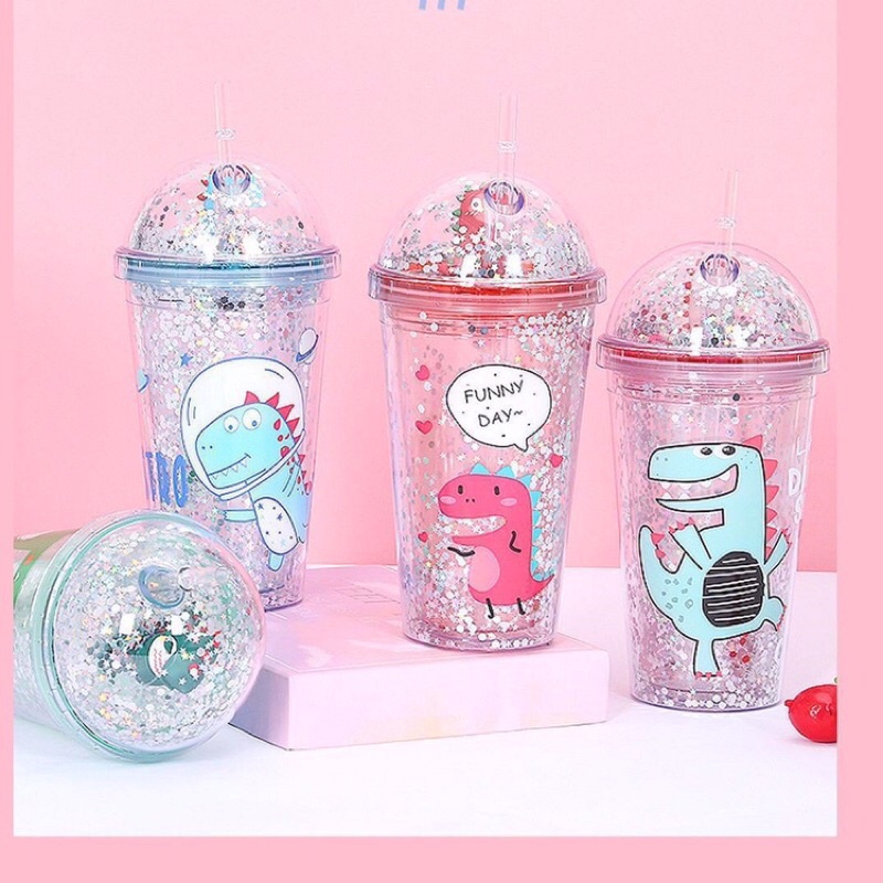 Ly Đựng Nước❤️DEAL SỐC[FREESHIPCốc Đựng Nước Nhũ Kim Tuyến Hình Khủng Long 500Ml Kèm Ống Hút