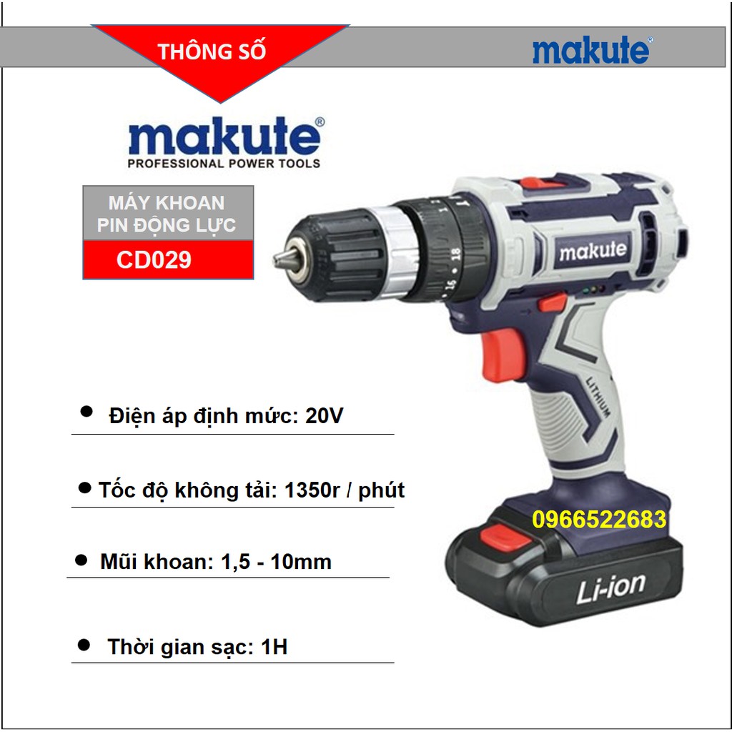 Máy khoan pin | Máy khoan pin Makute 20V | 3 chức năng tặng 2 pin + bộ đồ phụ kiện