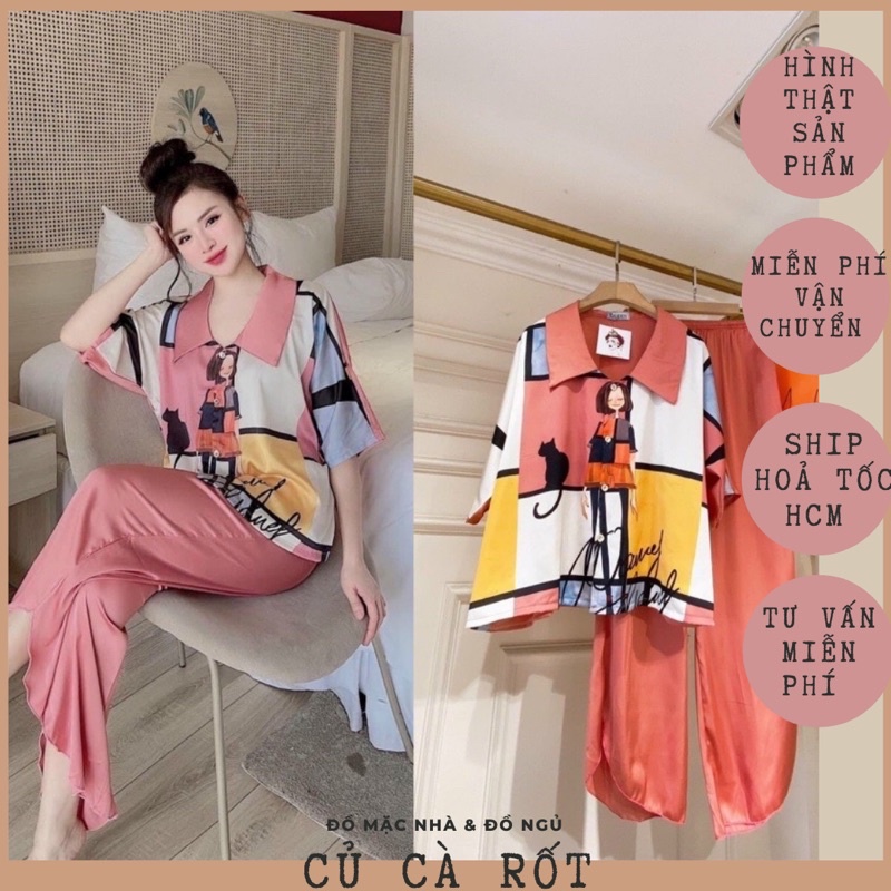 ❤️‍🔥HOT❤️‍🔥 Pijama lụa latin thiết kế 5D áo cổ nhọn quần tà chéo cực đẹp