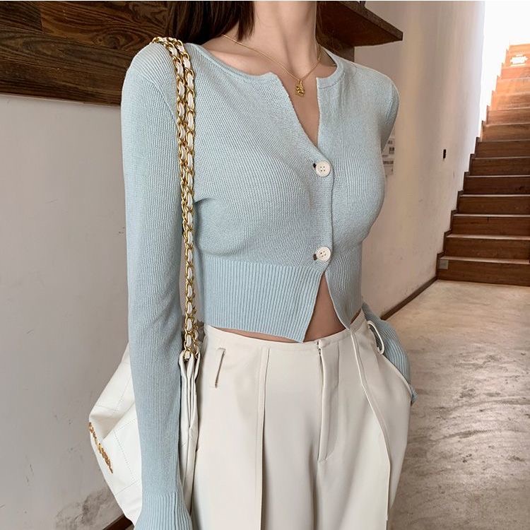 QKOOLE Áo Croptop Dệt Kim Tay Dài Cổ Tròn Kiểu Hàn Quốc Dễ Thương Cho Nữ áo khoác