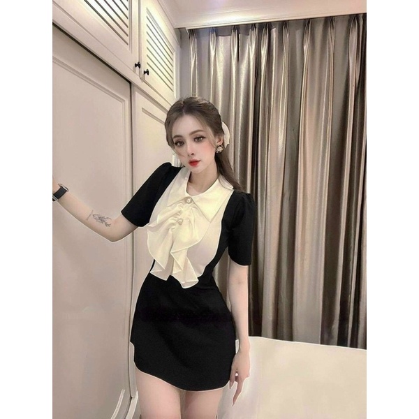Đầm thời trang nữ mặc đi chơi chất cotton lạnh phối bèo nơ trắng cổ nhung