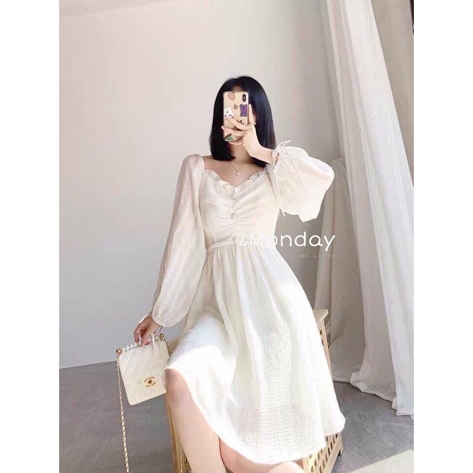 [Ảnh thật] Đầm trắng nữ xinh rúm ngực nơ tay