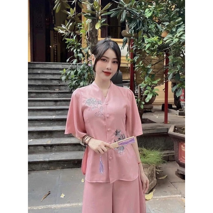 Pháp Phục Khánh An Đồ lam đi chùa pháp phục nữ vải lụa Trượt Hàn cao cấp thêu hoa cúc thanh lịch sang trọng