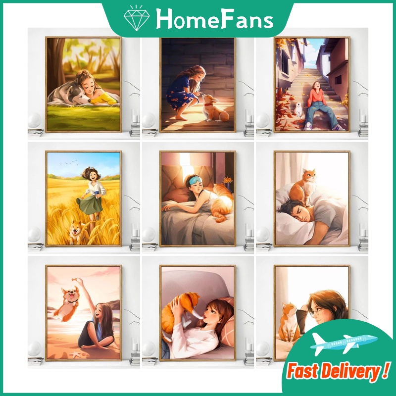 Bộ Tranh Đính Đá 5D Tự Làm 30x40cm / 40x50cm Hình Người Và Thú Cưng Dễ Thương Trang Trí Nhà Cửa