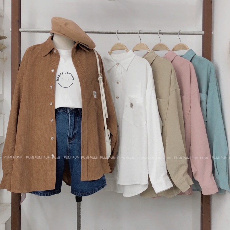 Áo sơ mi nhung nữ thêu túi trước nhiều màu dáng rộng oversize Pumi