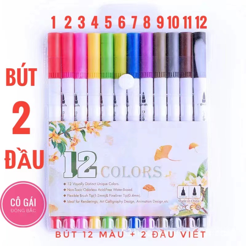 Bút tô màu 2 đầu viết [Bộ 12 màu] Brush+Liner tiện lợi, dạ màu marker HAKI nhiều màu sắc dễ thương