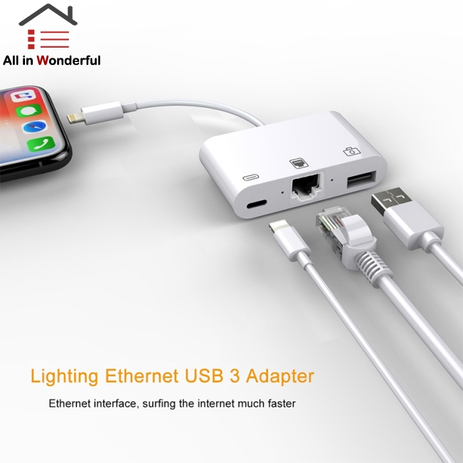 Đầu Chuyển Đổi 3 Trong 1 Từ Cổng Lightning Sang Lan 100mbps/1000mbps Ethernet Rj45 Otg Usb 3.0