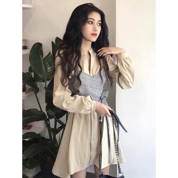 Đầm nữ dài tay phối caro thắt nơ eo, 2 màu be, đen dễ phối đồ, phong cách Hàn quốc