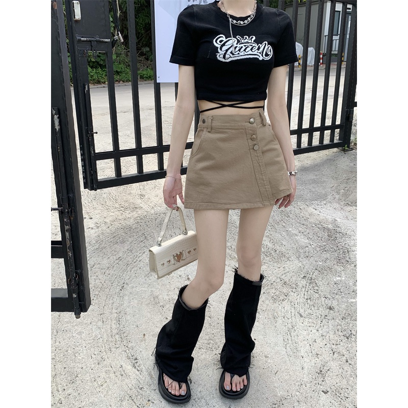 「 WELOVE1 」Chân Váy Denim Chữ A Lưng Cao Màu Đen Trơn Phong Cách Retro Thời Trang Mùa Hè Cho Nữ