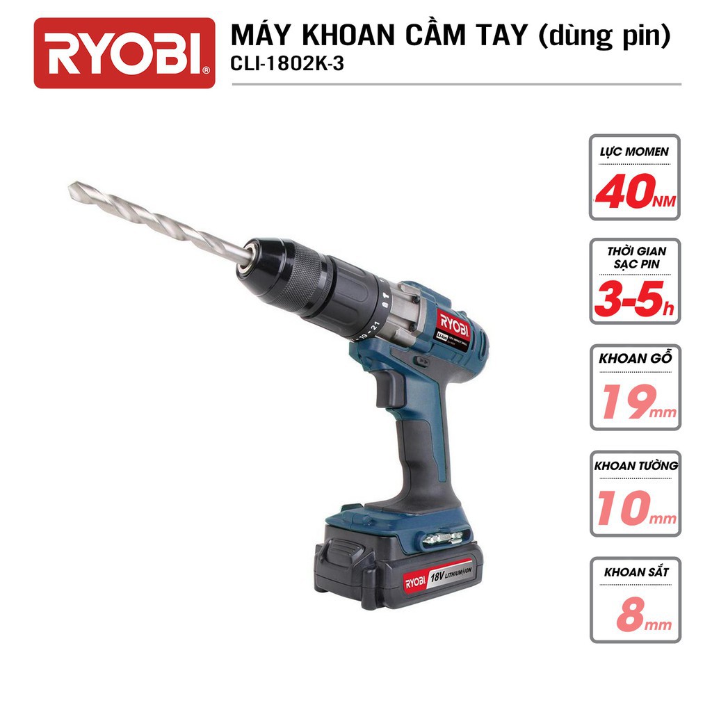 Máy khoan pin 18V Ryobi CLI-1802K hàng chính hãng