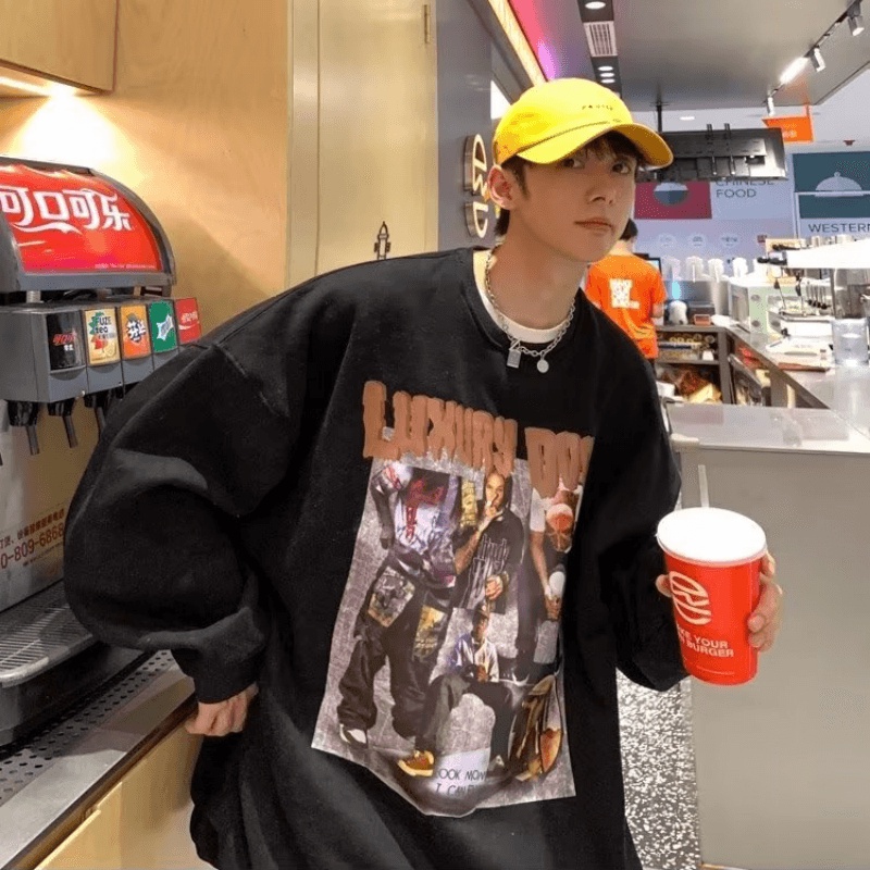 Áo Nỉ Chui Đầu Cỡ Lớn In Họa Tiết Hoạt Hình Phong Cách Hip Hop Đường Phố Nhật Bản Cho Nam [M-5XL]