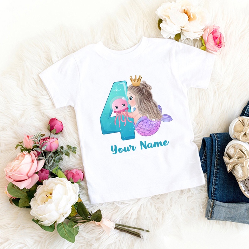 ✨Thêm tên miễn phí✨ Cô Gái Nàng Tiên Cá Sinh Nhật Hoạt Hình Áo Cho Bé Gái Số 1 2 3 4 5 6 7 Nàng Tiên Cá Trẻ Em Sinh Nhật Áo Thun