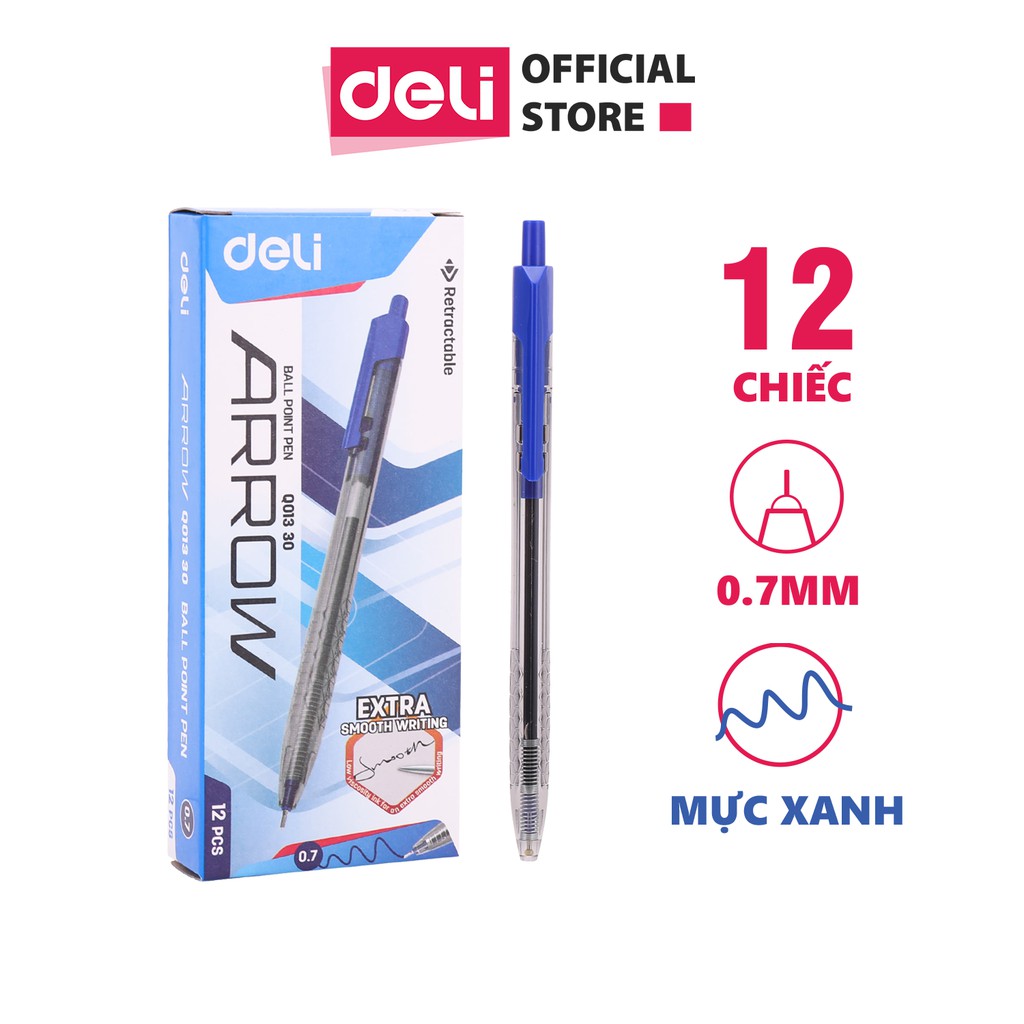 Bút bi văn phòng mực xanh đen đầu bấm ngòi 0.5mm 0.7mm Deli nét viết đều đệm tay cao su chống trượt chất lượng cao