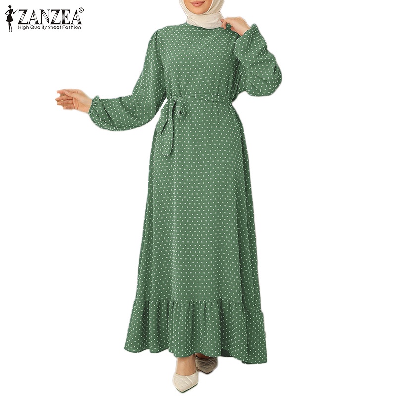 Zanzea Đầm Maxi Dài Tay Xếp Ly Họa Tiết Chấm Bi Thanh Lịch Cho Nữ