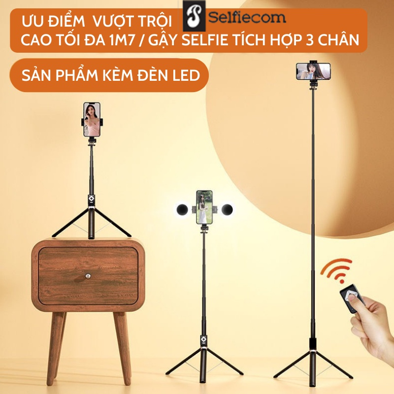 Gậy selfie - Tích hợp tripod 3 chân BT11 cao 1m7 kèm đèn led hỗ trợ ánh sáng, phụ kiện chụp ảnh bằng bluetooth từ xa