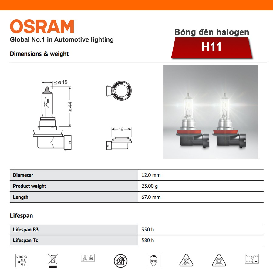 [Mã BMBAU50 giảm 10% đơn 99k] Bóng Đèn Halogen OSRAM Original H11 12V 55W Nhập Khẩu Chính Hãng