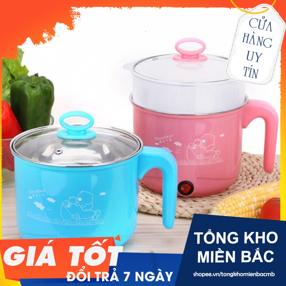 [Giá Sốc] Ca Nấu Mì, Nấu Cơm Đa Năng Có Tay Cầm 1,8L - Nồi Lẩu Điện Mini Kèm Giá Hấp INOX