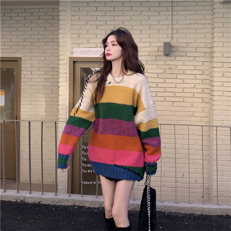 Jiashucheng Áo Sweater Cổ Tròn Họa Tiết Kẻ Sọc Nhiều Màu Sắc Phong Cách Hàn Quốc Dễ Phối Đồ Cho Học Sinh