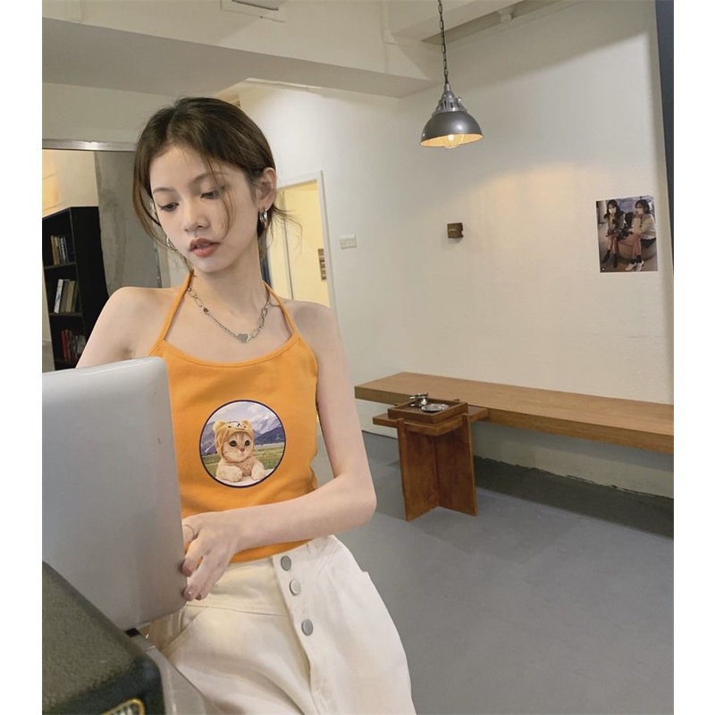 Áo Hai Dây In Hình Mèo Quyến Rũ Phong Cách Hàn Quốc Cho Nữ