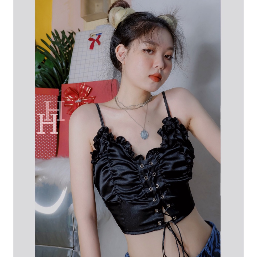 Áo croptop ngắn đan dây viền bèo màu đen &amp; trắng HAC141 Hỉn Hỉn Store