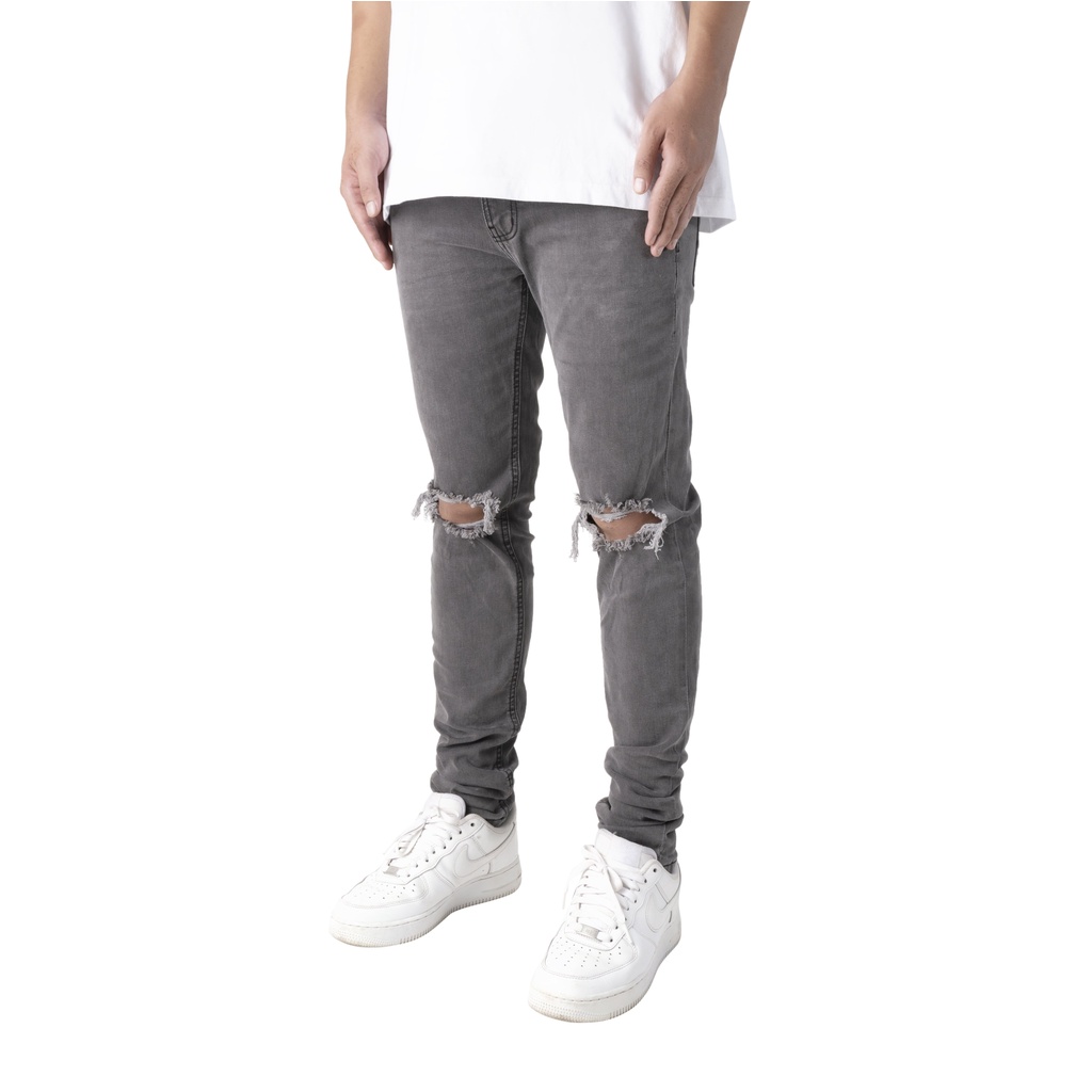 Quần Jean nam rách, quần bò nam rách gối KQ22, form Slimfit ôm vừa, chất jean Co Giãn Thoải Mái, màu xám basic
