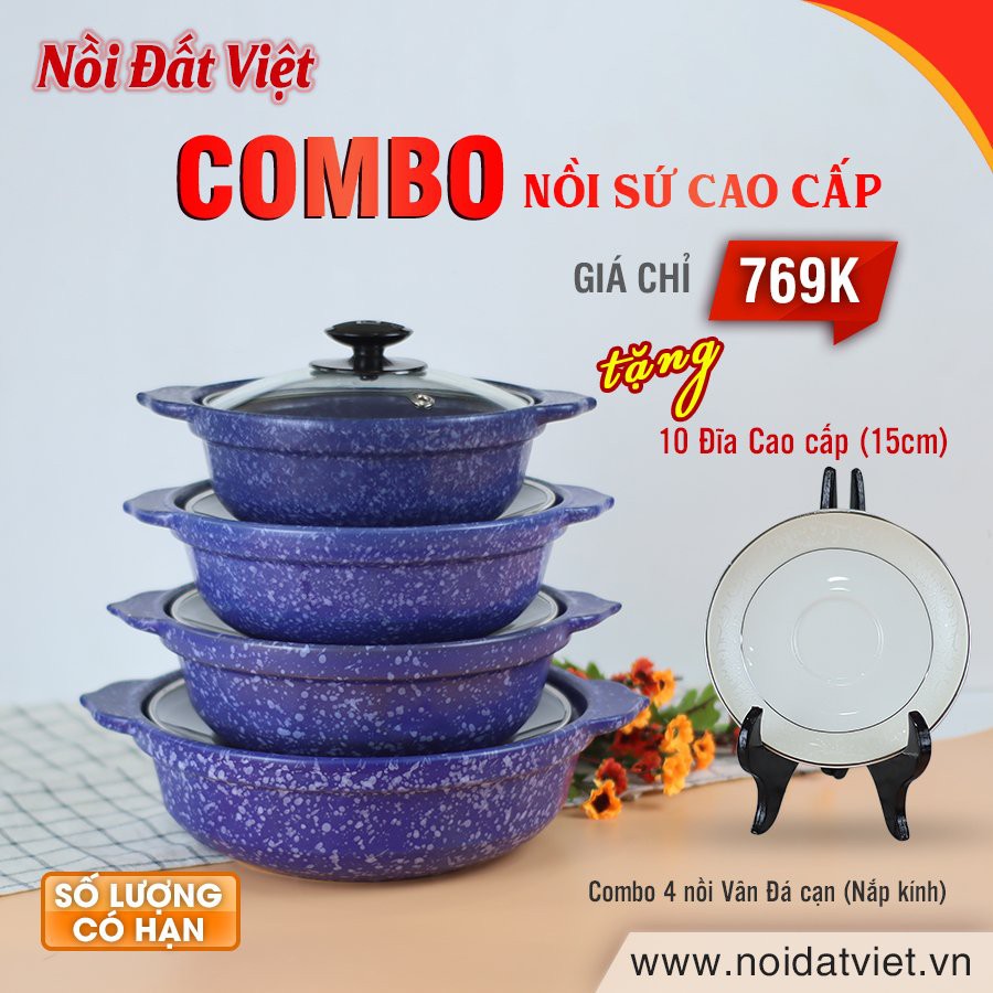 [TẶNG 10 ĐĨA SỨ] Bộ 4 Nồi Sứ Cạn Kho Cá - xanh dương