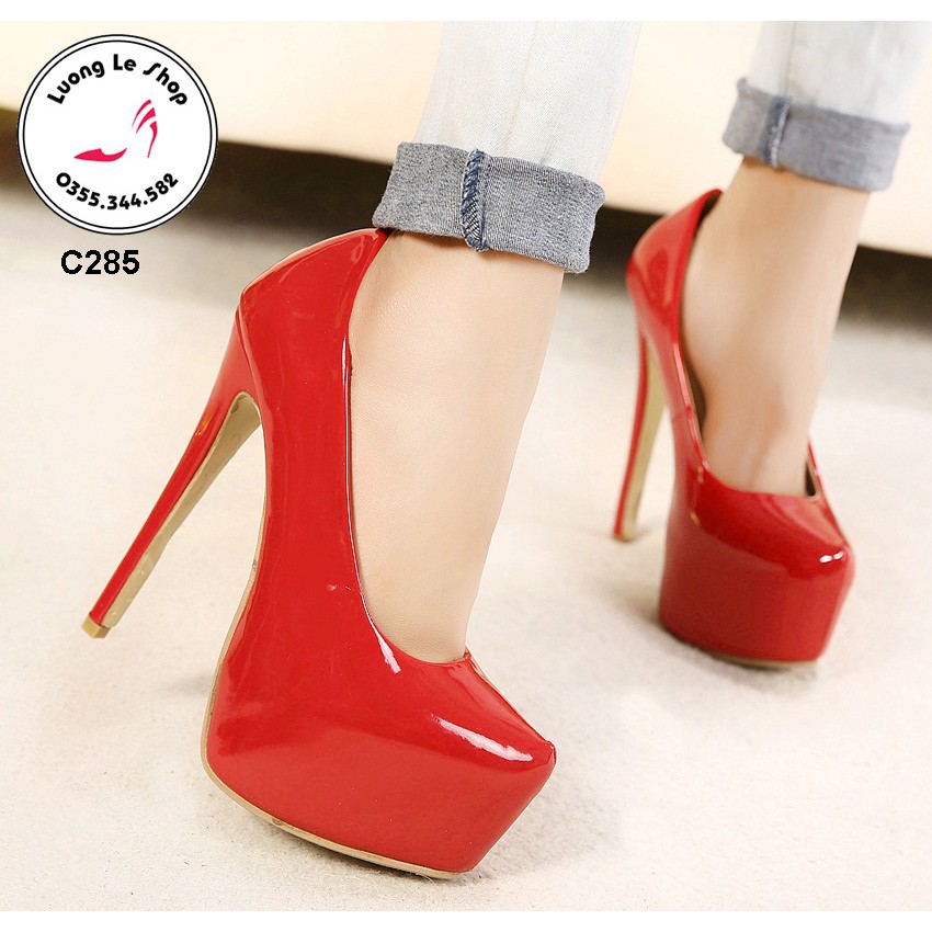 Giày cao gót 16cm gót nhon da bóng kín mũi trơn 4 màu đen đỏ hồng trắng Ms C285