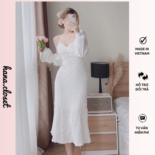Set đầm 2 dây trắng xốp kèm áo khoác croptop bộ váy dây kèm áo khoác cardigan thời trang nữ cao cấp