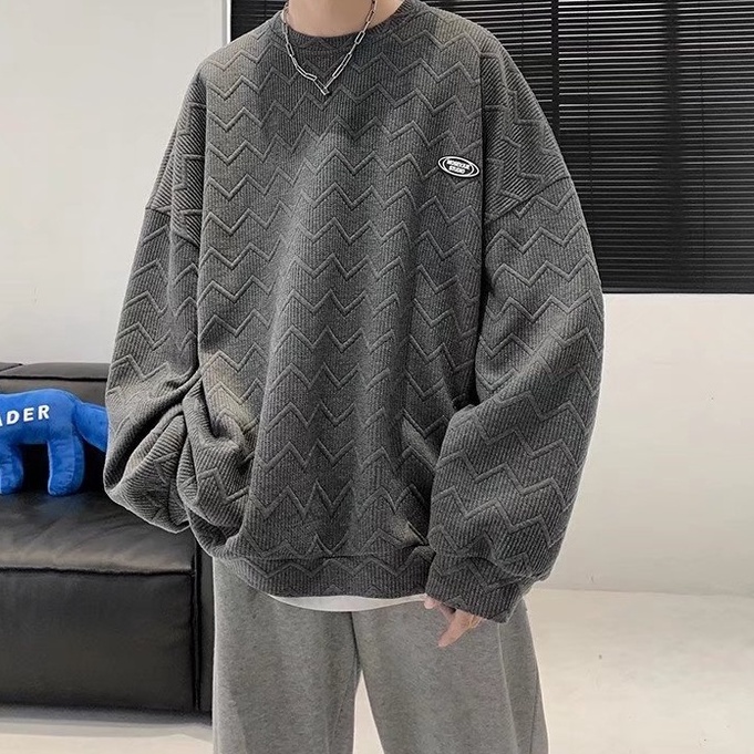 Áo thun tay dài cổ tròn dáng rộng màu trơn phối họa tiết thời trang Hàn Quốc cho nam