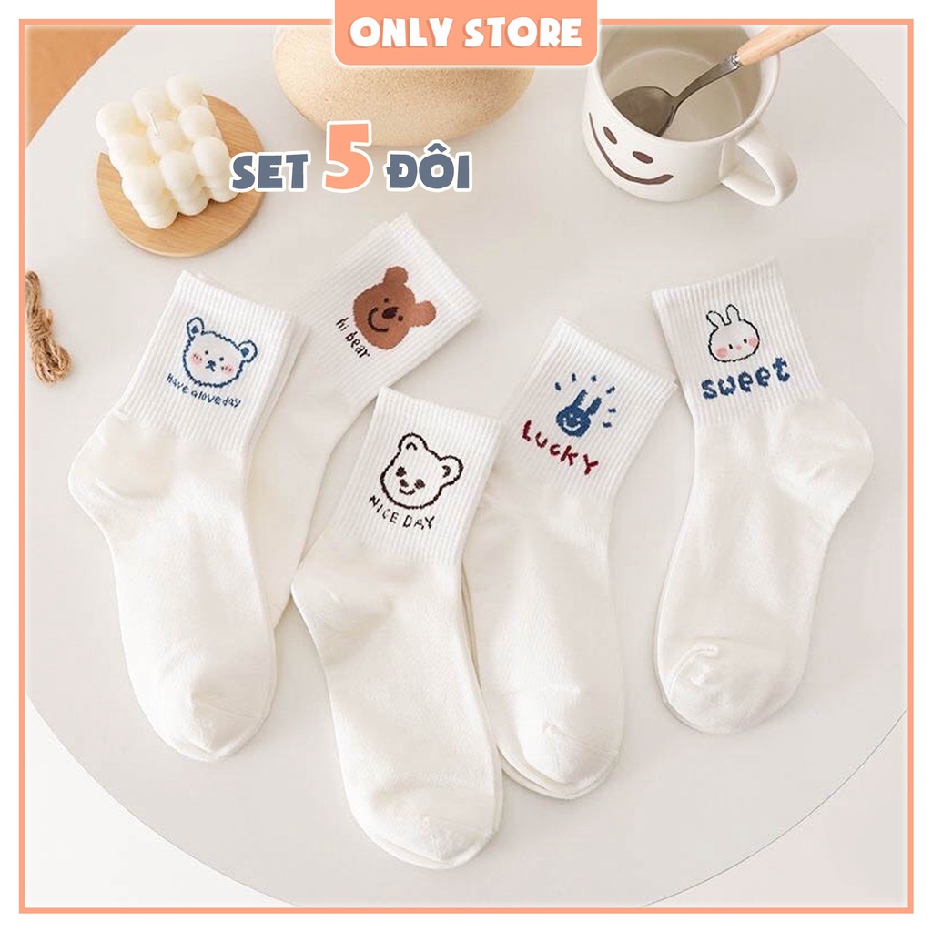 Tất vớ cổ cao nữ màu trắng họa tiết hình gấu đáng yêu thời trang Unisex Hàn Quốc - Only Store