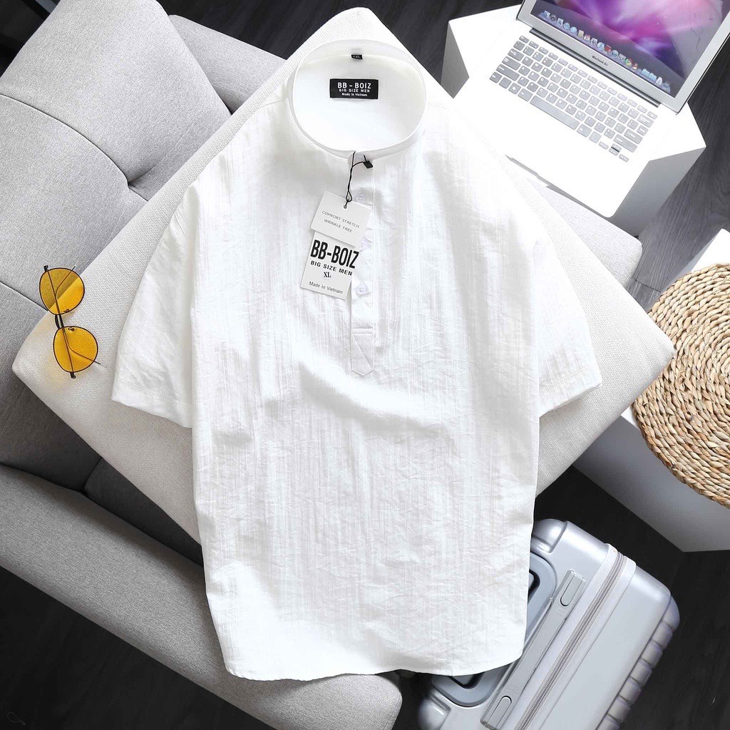 BIGSIZE - Áo sơ mi nam tay ngắn cổ trụ bigsize thời trang vải đũI form 80-130kg