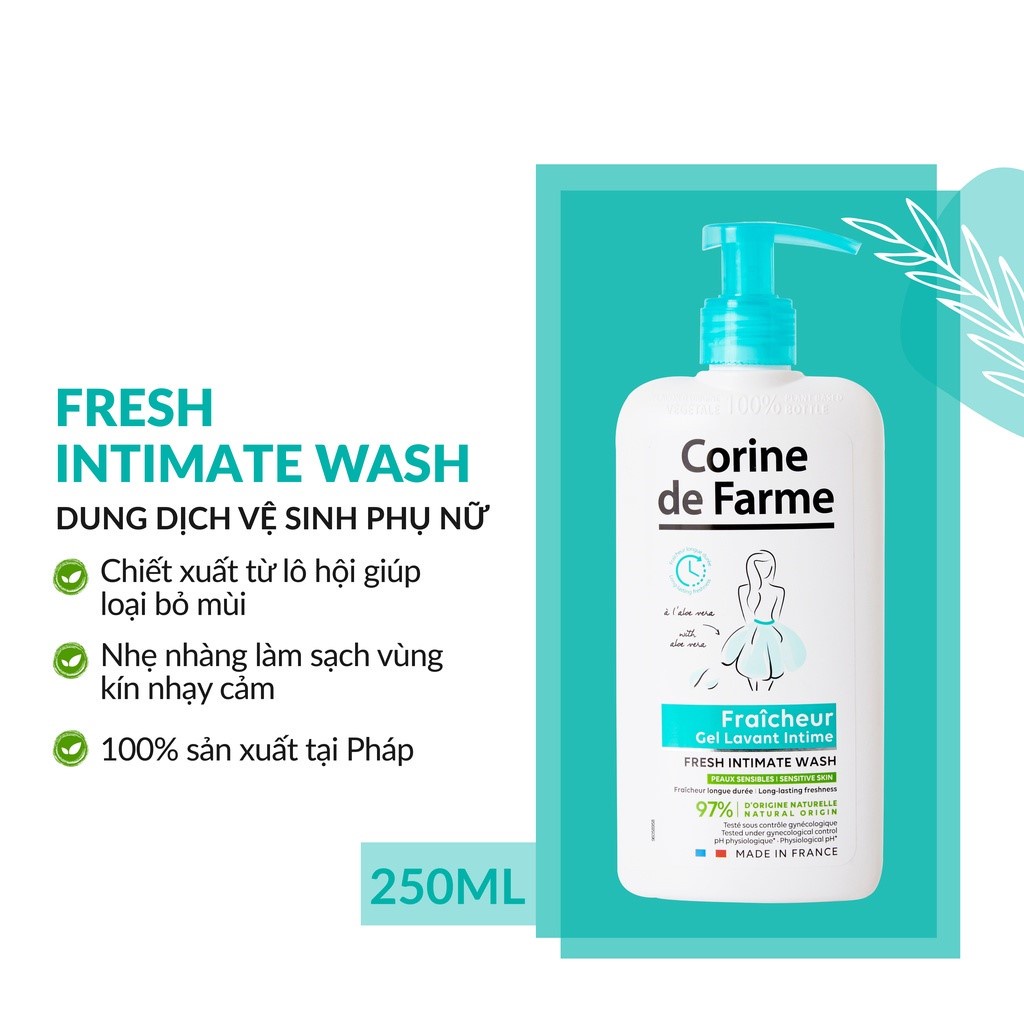 Corine de Farme Intimate Gel Fresh - Dung dịch vệ sinh phụ nữ làm sạch và khử mùi vùng kín 250ml