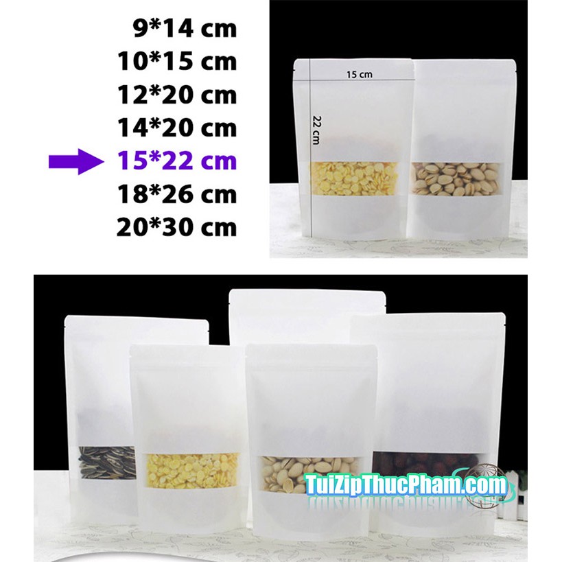 100 cái túi zip giấy kraft trắng 15x22cm có cửa sổ PET CPP 2 mặt chuyên đựng thực phẩm