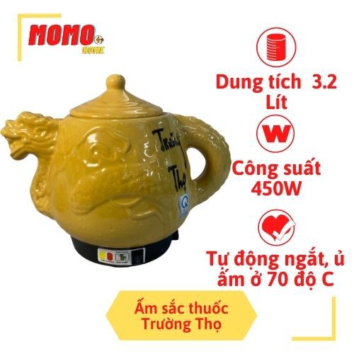 Ấm sắc thuốc Trường Thọ Rồng Vàng dung tích 3.2 lít , Tặng bát sứ giữ nhiệt, sản xuất tại Việt Nam