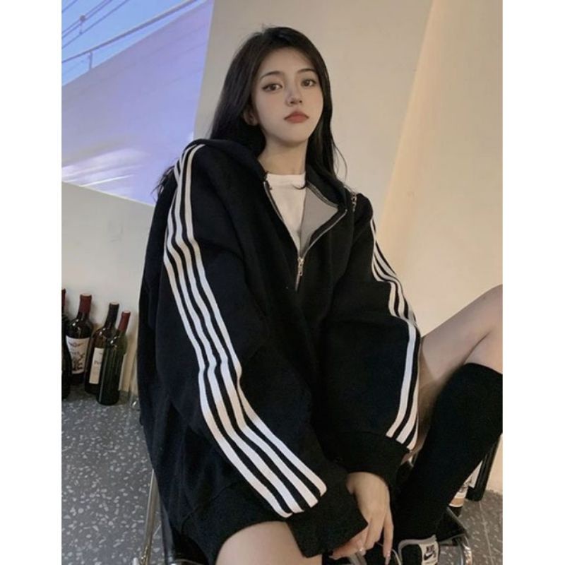 Áo khoác hoodie unisex nỉ bông cotton dưới 80kg- Áo khoác hoodie 4 sọc | BigBuy360 - bigbuy360.vn