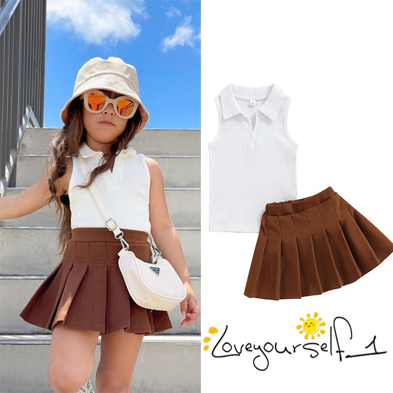 Set Áo Cổ Bẻ Sát Nách Và Chân Váy Xếp Ly Thời Trang Mùa Hè Xinh Xắn Cho Bé Gái