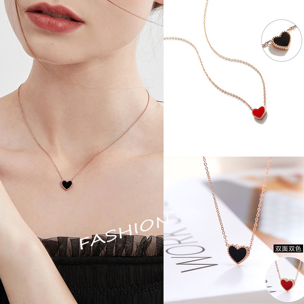 Dây chuyền thép titan mặt hình trái tim hai mặt màu đen đỏ hồng thời trang hàn quốc dành cho nữ