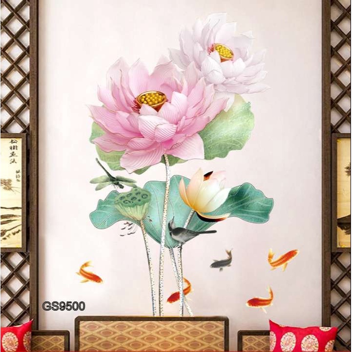 Decal Hoa Sen Và Cá – GS9500. Trang trí, dán tường, đồ vật thêm sinh động.