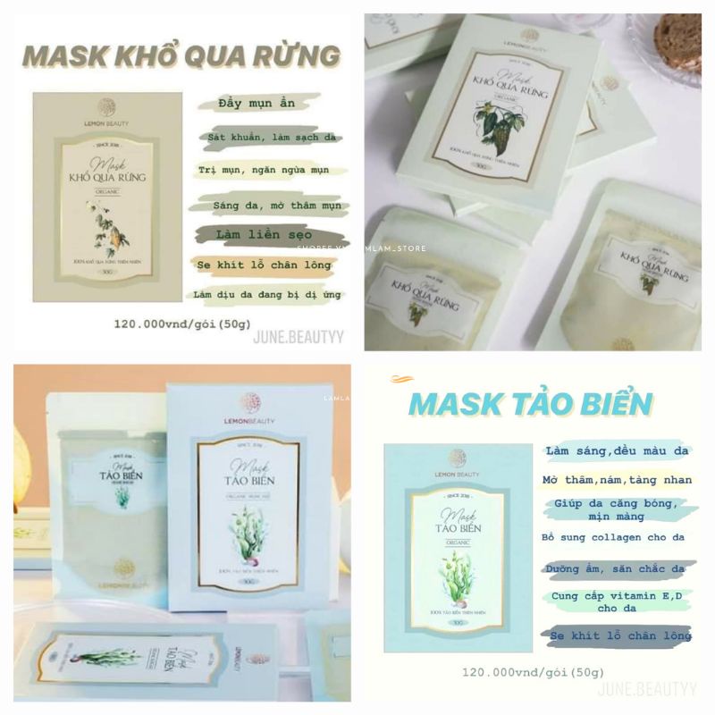 Mặt nạ mask khổ qua rừng (tặng que,cọ,băng đô cột tóc) tảo biển bột sữa dê non Lemon Beauty handmade