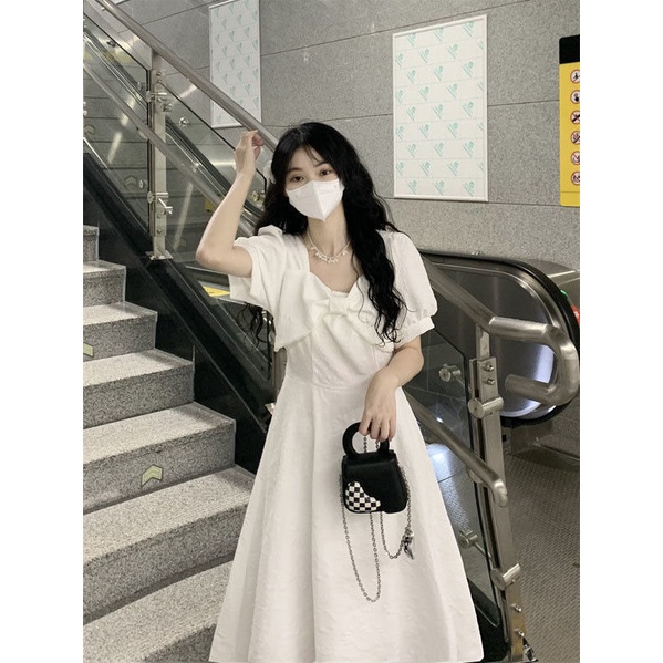 Đầm Trắng Thắt Nơ Eo Phong Cách Hàn Quốc Ngọt Ngào Thời Trang Mùa Hè Hàng Mới Dành Cho