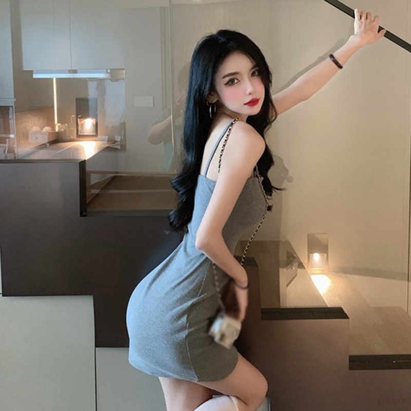 Đầm Hai Dây Cổ Chữ V Màu Sắc Trơn Phong Cách Hàn Quốc Quyến Rũ Dành Cho Nữ