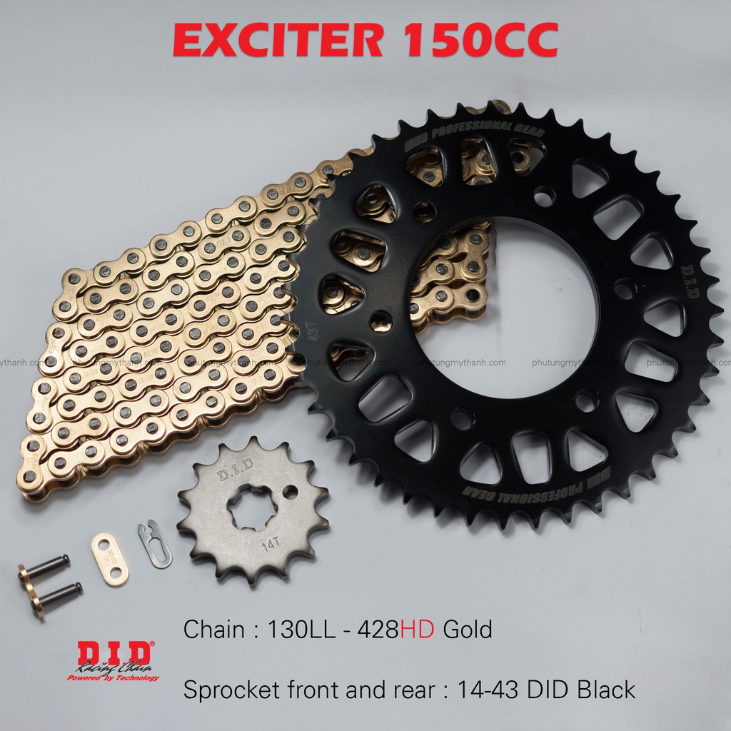 Nhông sên dĩa Exciter 150 14-43 sên DID 10 ly vàng , dĩa DID