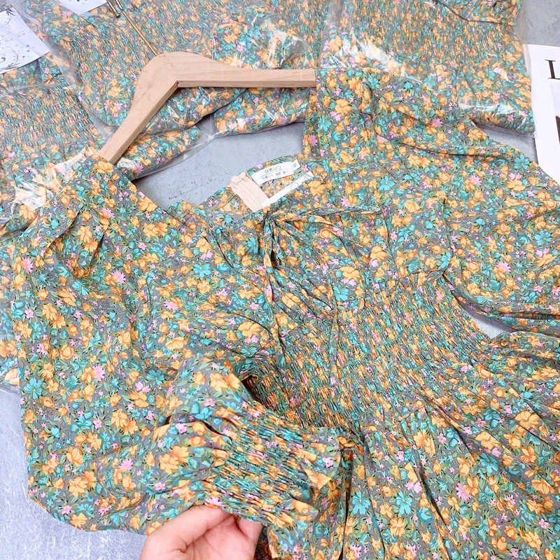 [Mã SKAMA06 giảm 8% tối đa 50K đơn 250K] VÁY CHUN EO XANH VÀNG HOA NHÍ CỔ VUÔNG | BigBuy360 - bigbuy360.vn