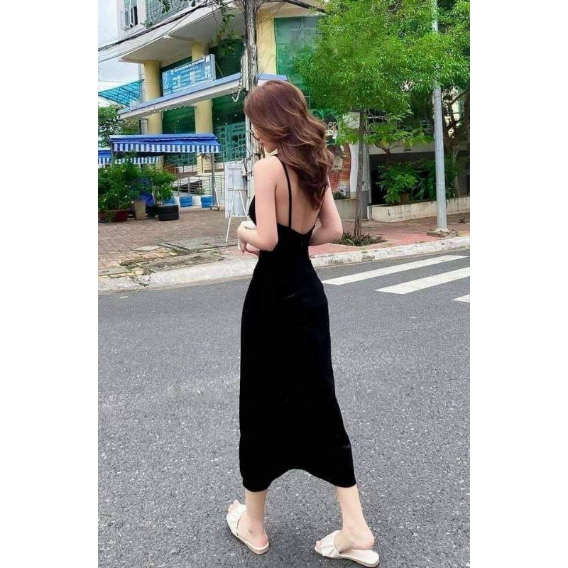 Đầm maxi nhung 2 dây ôm body hở lưng