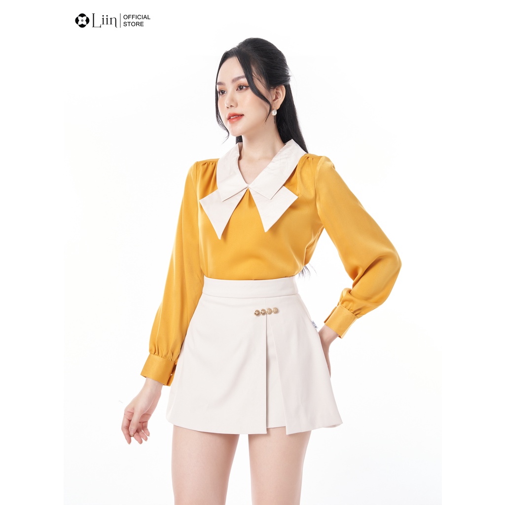 Áo kiểu nữ linbi màu vàng mix cổ nơ be kiểu dáng trẻ trung, mặc tôn da liin clothing A2266