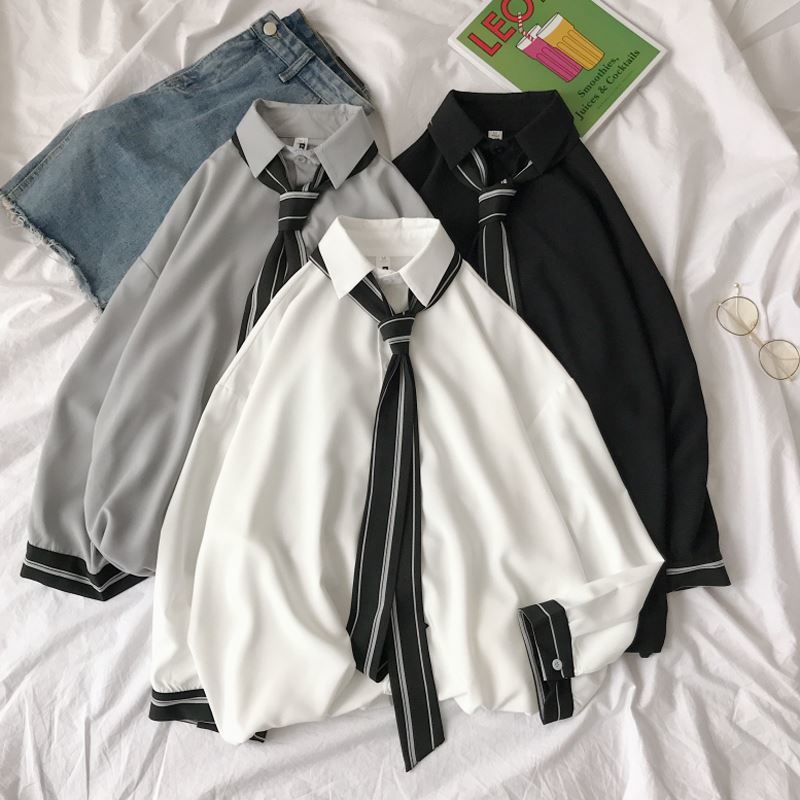 Áo Sơ Mi Tay Dài Họa Tiết Cà Vạt Thời Trang Hàn Quốc Cho Nam Nữ