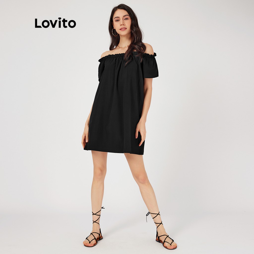 Đầm Lovito xếp nếp trễ vai màu trơn thường ngày L23LD058 (màu đen)