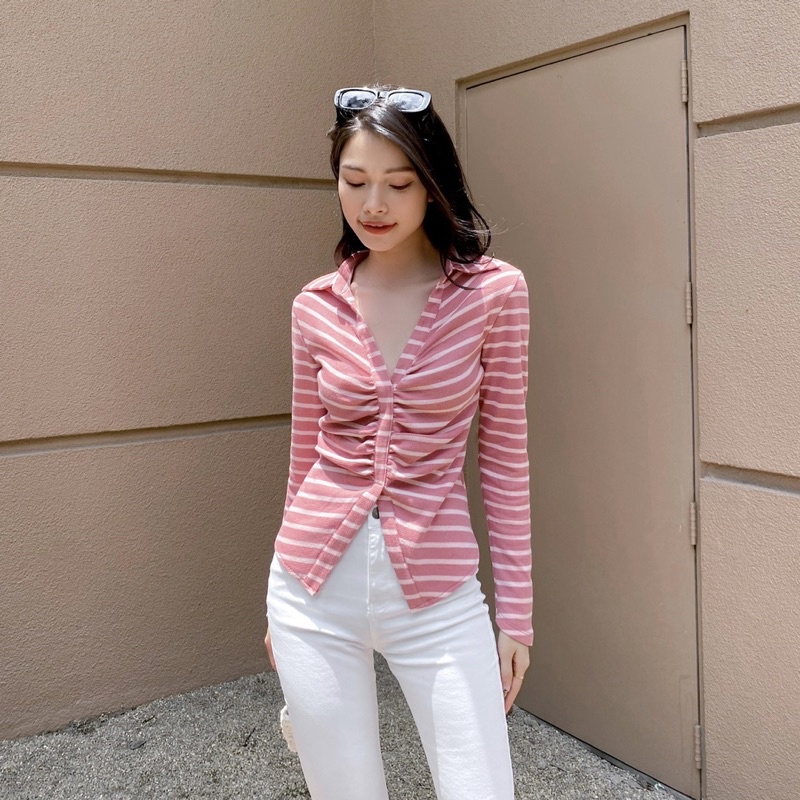 Áo thun polo nữ tay dài xếp nhún MIEU - JJ07