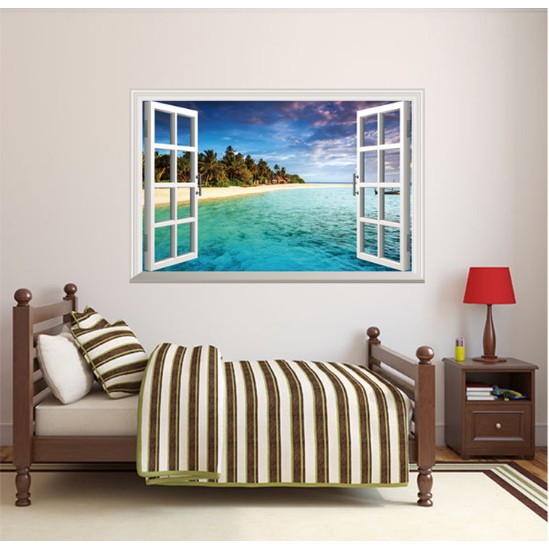 Decal trang trí khung cửa sổ 3D cảnh biển cát trắng