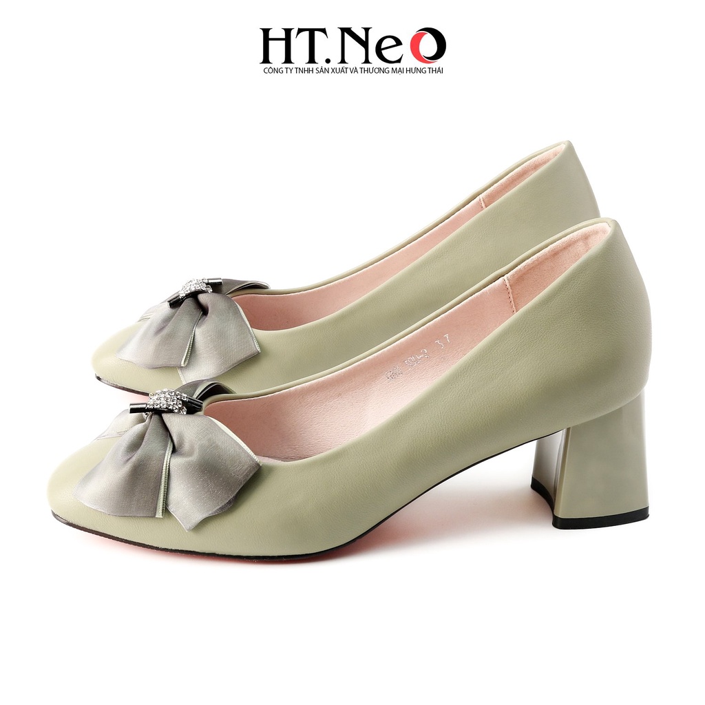 Giày cao gót vuông HT.NEO Thiết kế da bò thật mềm mại, gót cao đến 5cm, đính nơ vải nhẹ nhàng, thanh lịch CS239